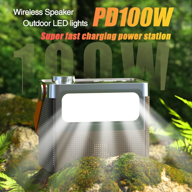 New Portable Large Capacity 100000mAh Power Bank PD 100W Fast Charging Outdoor Camping Power Bank with 20W LED Light BT Speaker